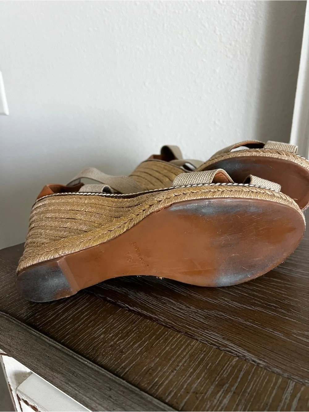 Tory Burch Adonis Wedge Espadrille Sandal 11 Gold Khaki Platform Logo EUC $398